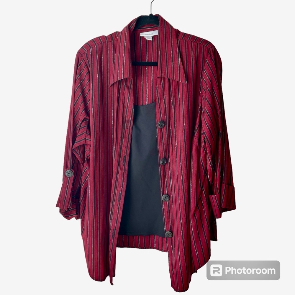 Dressbarn Button Up Blouse Built In Tank Shell Red/Black/Silver Striped Sz 22/24